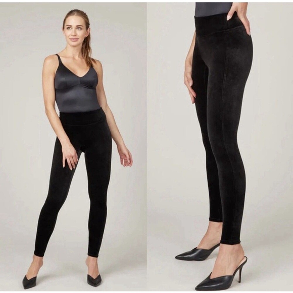 Spanx Black Velvet Velour Leggings Power Waistband Size Medium